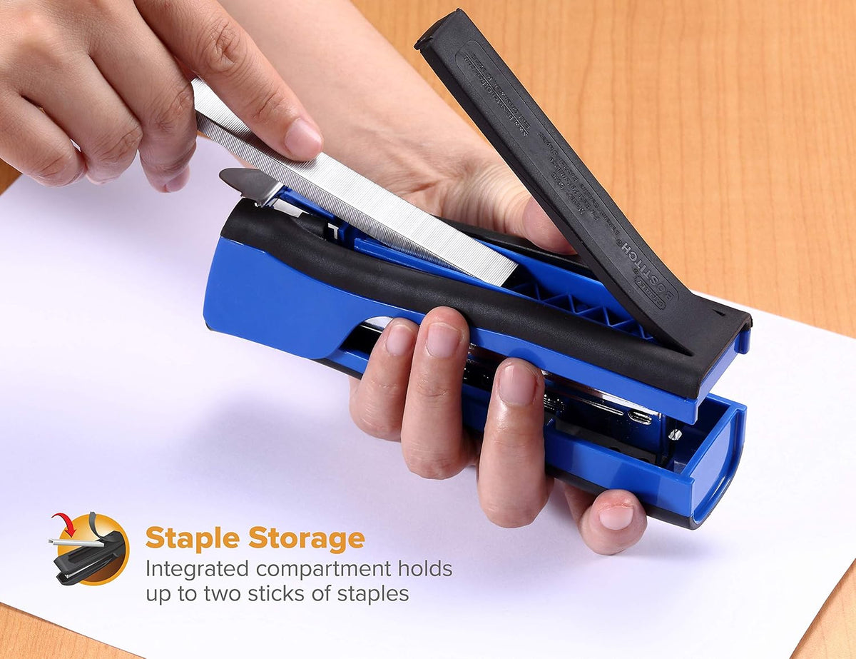 Bostitch Office Dynamo 4 in 1 Standup Stapler, Includes 420 Staples, 20 Sheet Capacity, Integrated Pencil Sharpener, Staple Remover & Staple Storage, Blue