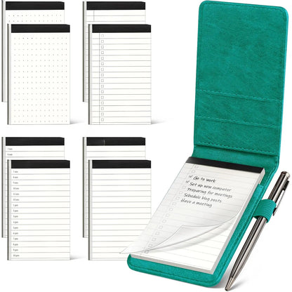 10 count Notepad Holder Set Pocket Notebook - Included Mini Pocket Notepad Holder Set with 8 Memo Book Refills and Metal Pen for Meetings, Daily Records, and Notes 3 x 5 Inch (Brown)