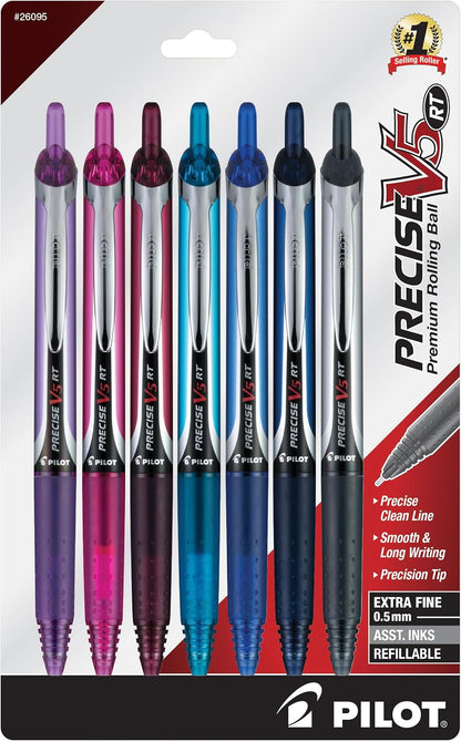 PILOT Pen 26095 Precise V5 RT Refillable & Retractable Premium Rolling Ball Pens, Extra Fine Point (0.5mm), Assorted Colors, 7 count