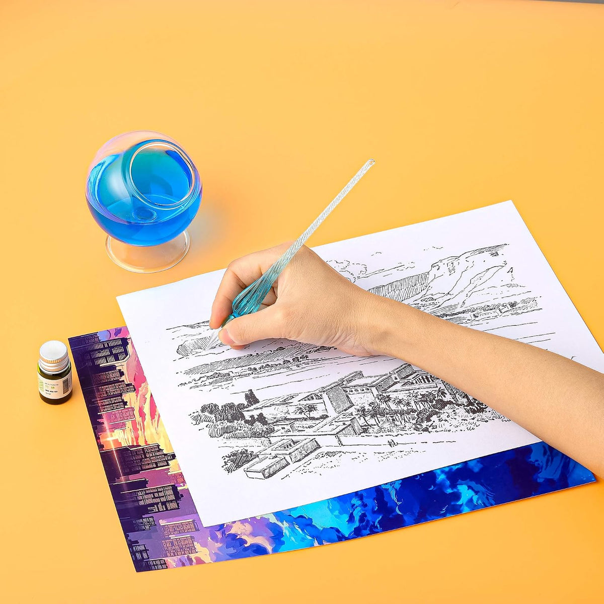 molshine Handmade Glass Dip Pen Crystal Calligraphy Pen Signature Dipped Pen for Artist Women Men Teens,Writing Drawing Decoration Gifts (Lake Blue)