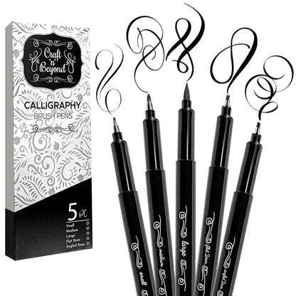 Craft 'n' Beyond Calligraphy Brush Pens Pack of 3 Small, Medium and Large Markers for Hand Lettering, Art Drawing, Sketching, Scrapbooking, Writing, Journaling - Beginner Kit with Fadeproof Black Ink