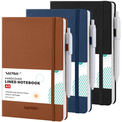 Small Notebook Pocket Journal, A6 3.7" x 5.7", 3 Pack, Black Leather Cover