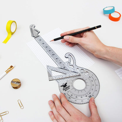 Suck UK Rockstar Ruler | 15 cm Ruler, Protractor & 60° Set Square | Geometry Set | Clear Shatterproof Ruler | Math Set | Clear Plastic Ruler | Music Stationery Ruler Set