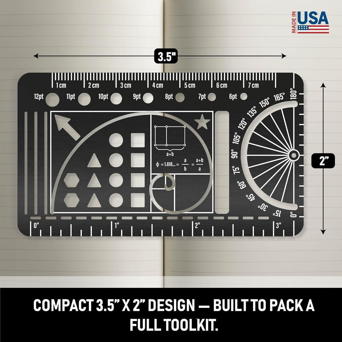 Pocket Journal Stencil - Stainless Steel Metal Bookmark with Circle Template, Ruler Conversion, Protractor & Golden Ratio - Planner Accessories for Journaling, Bible Study, Sketching & Notes