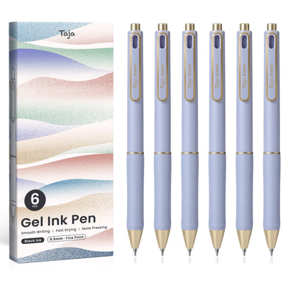 Taja Gel Pens, 6 Pcs Quick Dry Black Ink Pens, 0.5mm Fine Point, Pastel