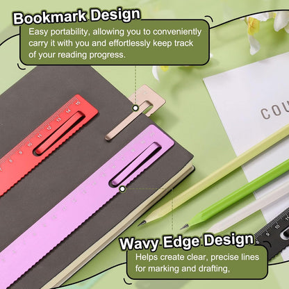 HARFINGTON 2pcs Straight Ruler 15cm Metal Bookmark Clip Rulers Blue/Rose