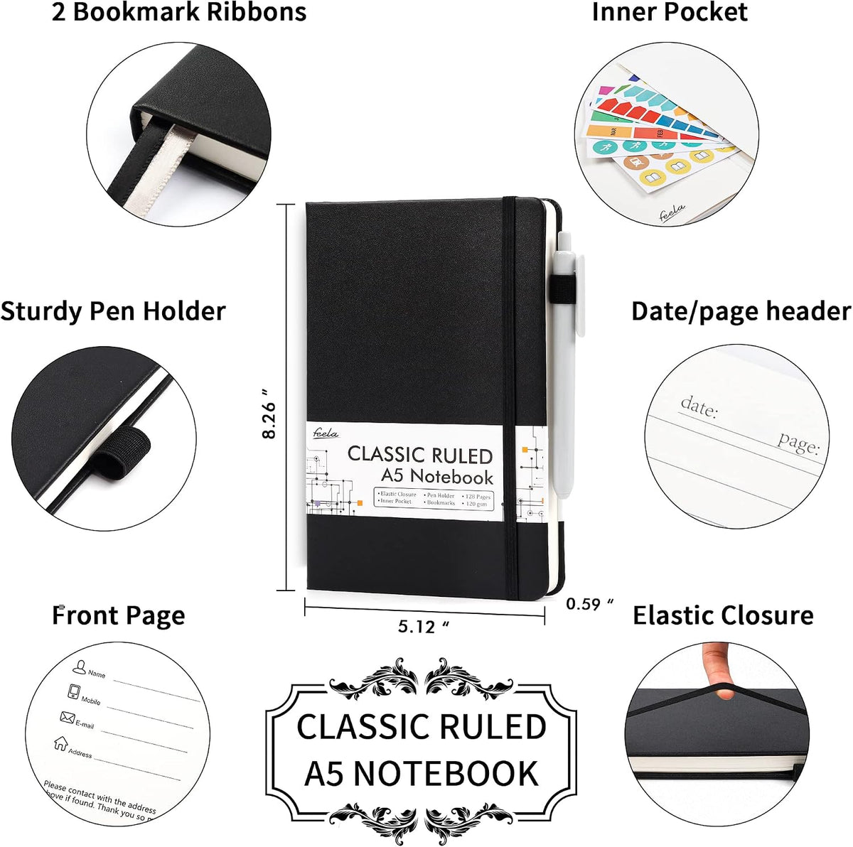 feela 8 Pack Journal Notebook Bulk for School, Hardcover Business Notebooks Classic Ruled Lined Journals with Pen Holder for Work Note Taking, with 8 Black Pens, 120 GSM, 5.1”x8.3”, A5, Black
