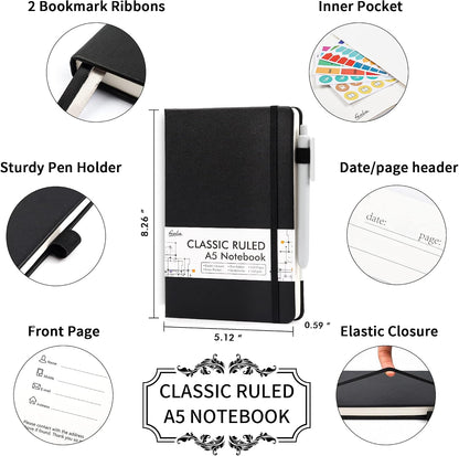 feela 8 Pack Journal Notebook Bulk for School, Hardcover Business Notebooks Classic Ruled Lined Journals with Pen Holder for Work Note Taking, with 8 Black Pens, 120 GSM, 5.1”x8.3”, A5, Black