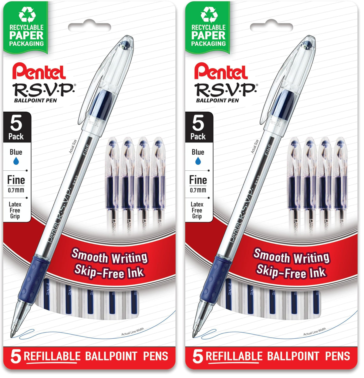 Pentel RSVP Ballpoint Pen, (0.7mm), Fine Line, Black Ink, Pack of 5 (BK90PF5A)