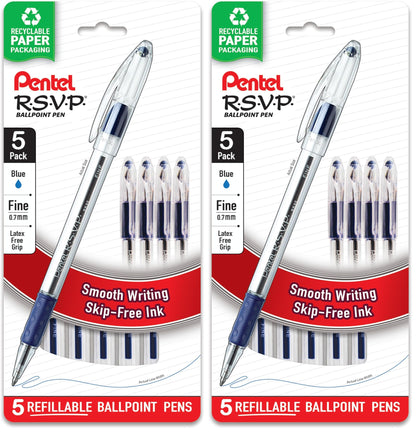 Pentel RSVP Ballpoint Pen, (0.7mm), Fine Line, Black Ink, Pack of 5 (BK90PF5A)