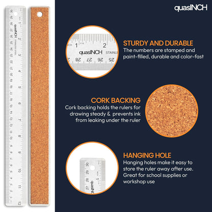 Stainless Steel Metal Ruler with Non-Slip Cork Back for Home Improvement, Planner Accessories, College School Supplies, Drafting Tools, Architecture Supplies, 30.5 Centimeters & 12 inches