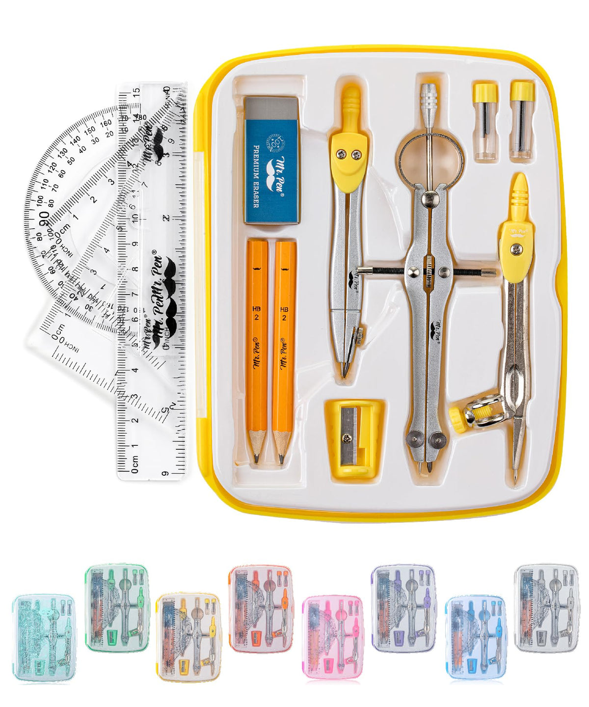 Mr. Pen- Geometry Set, 13 pcs, 3 Metal Compasses, Protractor, 6" Ruler