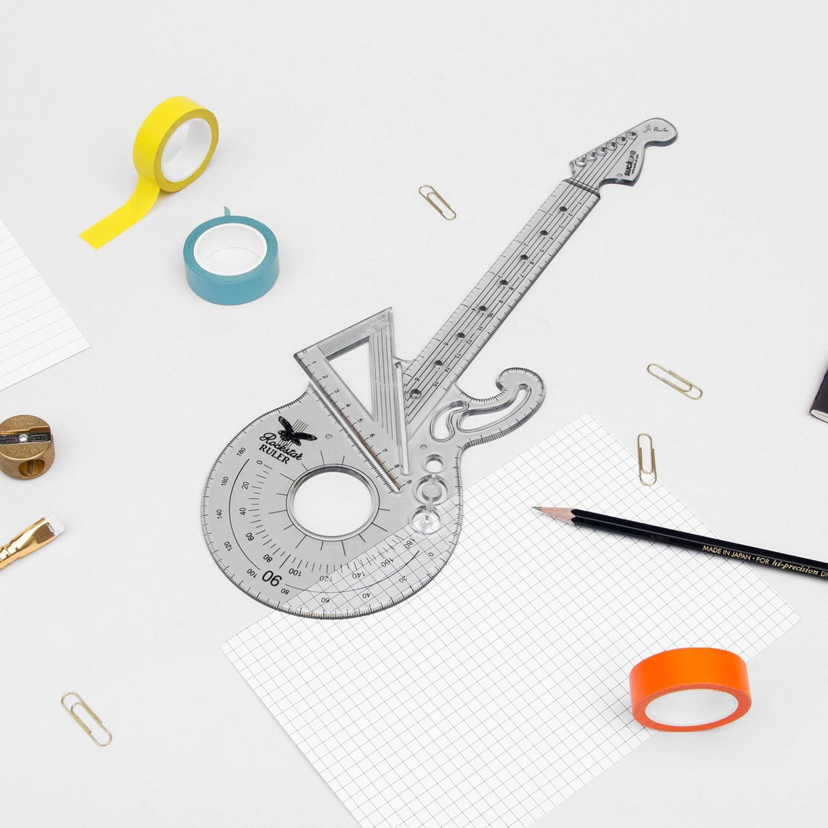 Suck UK Rockstar Ruler | 15 cm Ruler, Protractor & 60° Set Square | Geometry Set | Clear Shatterproof Ruler | Math Set | Clear Plastic Ruler | Music Stationery Ruler Set