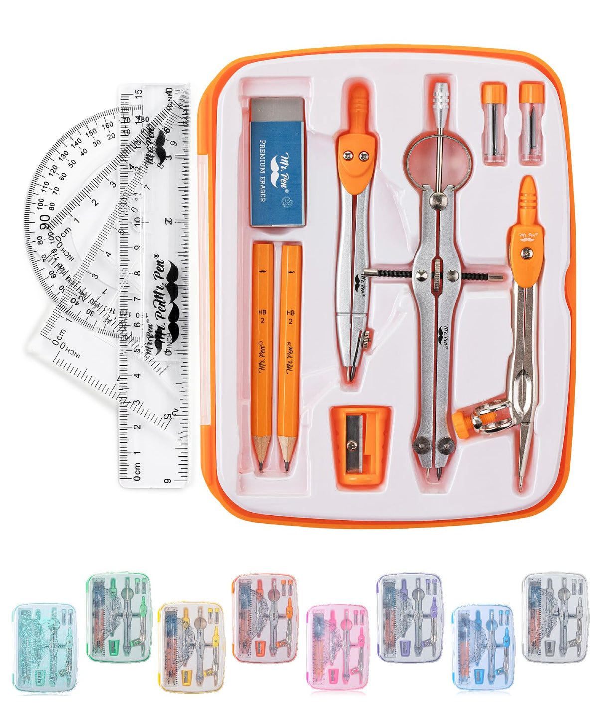 Mr. Pen- Geometry Set, 13 pcs, 3 Metal Compasses, Protractor, 6" Ruler