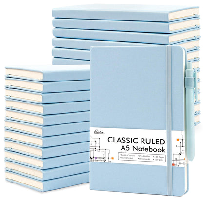 feela 24 Pack Journal Notebook for Work, Business Notebook Bulk Hardcover Lined Writing Journal with Pen Holder for Men Women Note Taking, with 24 Black Pens, 120 GSM, 5.1”x8.3”, A5, Gray