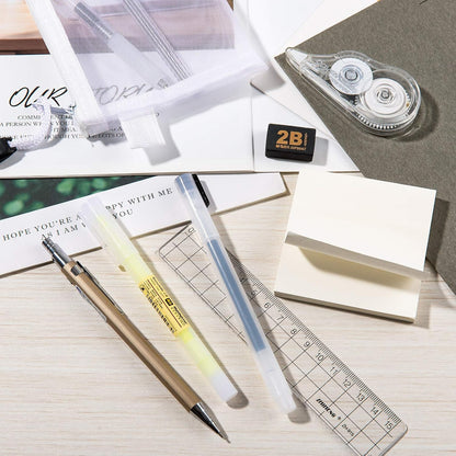 Whaline 10Pcs Japanese Style Stationery Set, Gel Ballpoint Pen, Mechanical Pencil, Lead Refills, Correction Tape, Sticky Notes, Eraser, Ruler, Highlighter, Bag, Back to School Supplies for Students