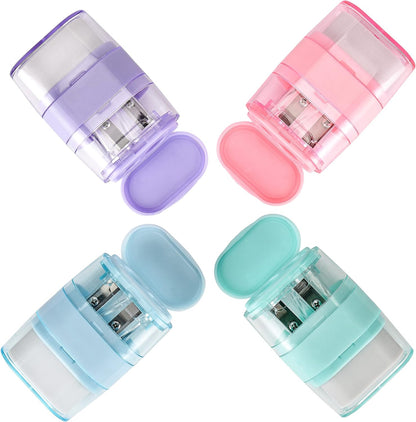 4 PCS Manual Pencil Sharpener with Eraser, Double Hole Multicolored Sharpener with Eraser Fun Stationery Back to School Supplies, Classroom Rewards, and Birthday Party Favors