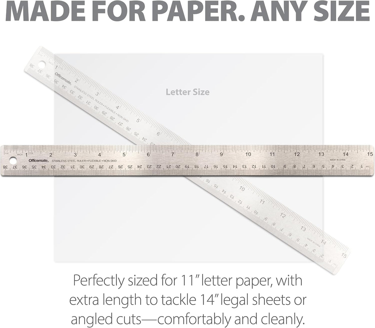 Officemate 15-Inch Flexible Stainless Steel Ruler, Metal Straight Edge Ruler with Cork Backing, 1/16 Inch and Metric Scale Markings, Tool for School, Office, Drafting, Crafts and Precision Cuts