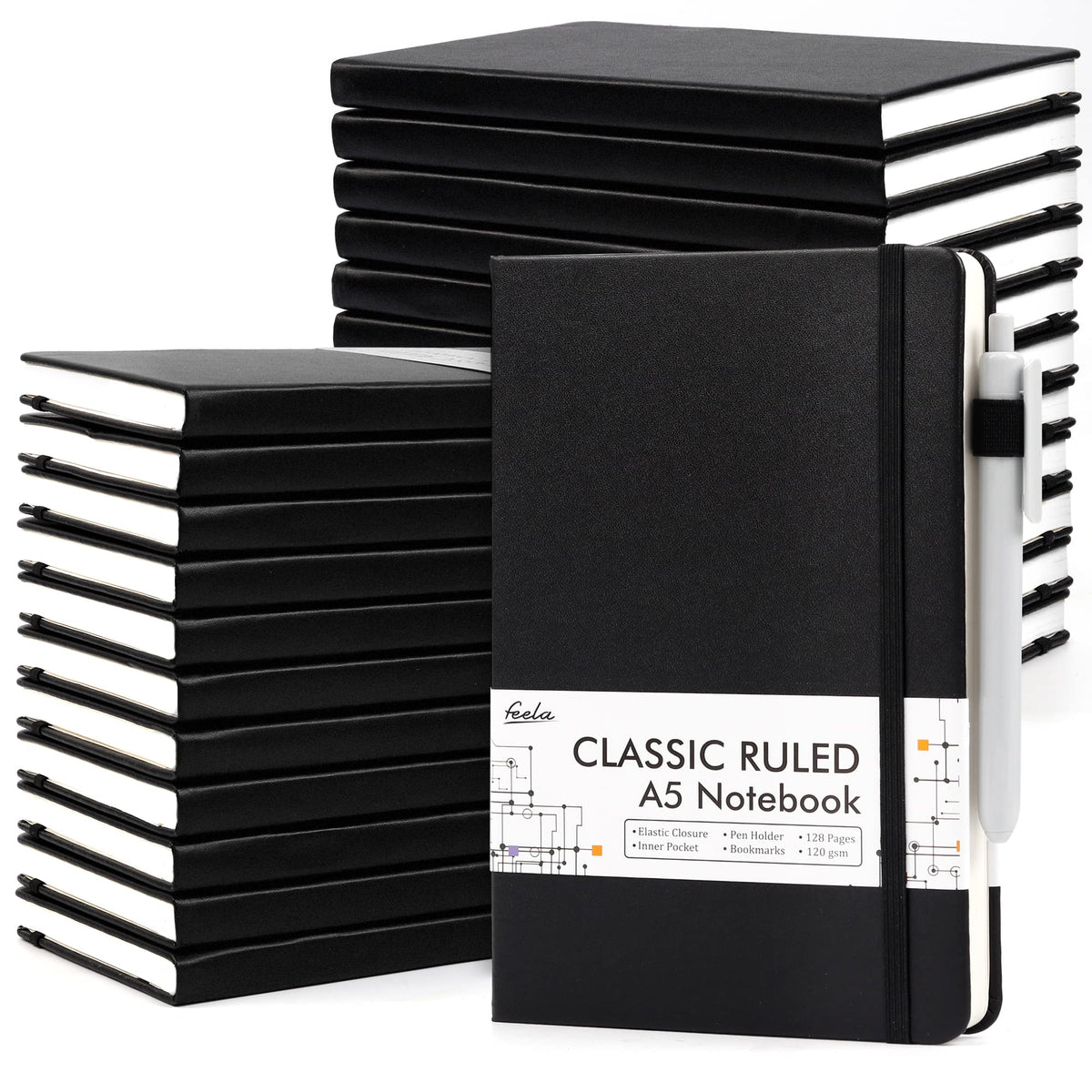 feela 24 Pack Journal Notebook for Work, Business Notebook Bulk Hardcover Lined Writing Journal with Pen Holder for Men Women Note Taking, with 24 Black Pens, 120 GSM, 5.1”x8.3”, A5, Gray
