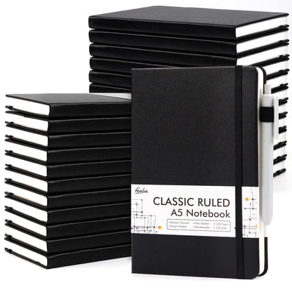 feela 24 Pack Journal Notebook for Work, Business Notebook Bulk Hardcover Lined Writing Journal with Pen Holder for Men Women Note Taking, with 24 Black Pens, 120 GSM, 5.1”x8.3”, A5, Gray