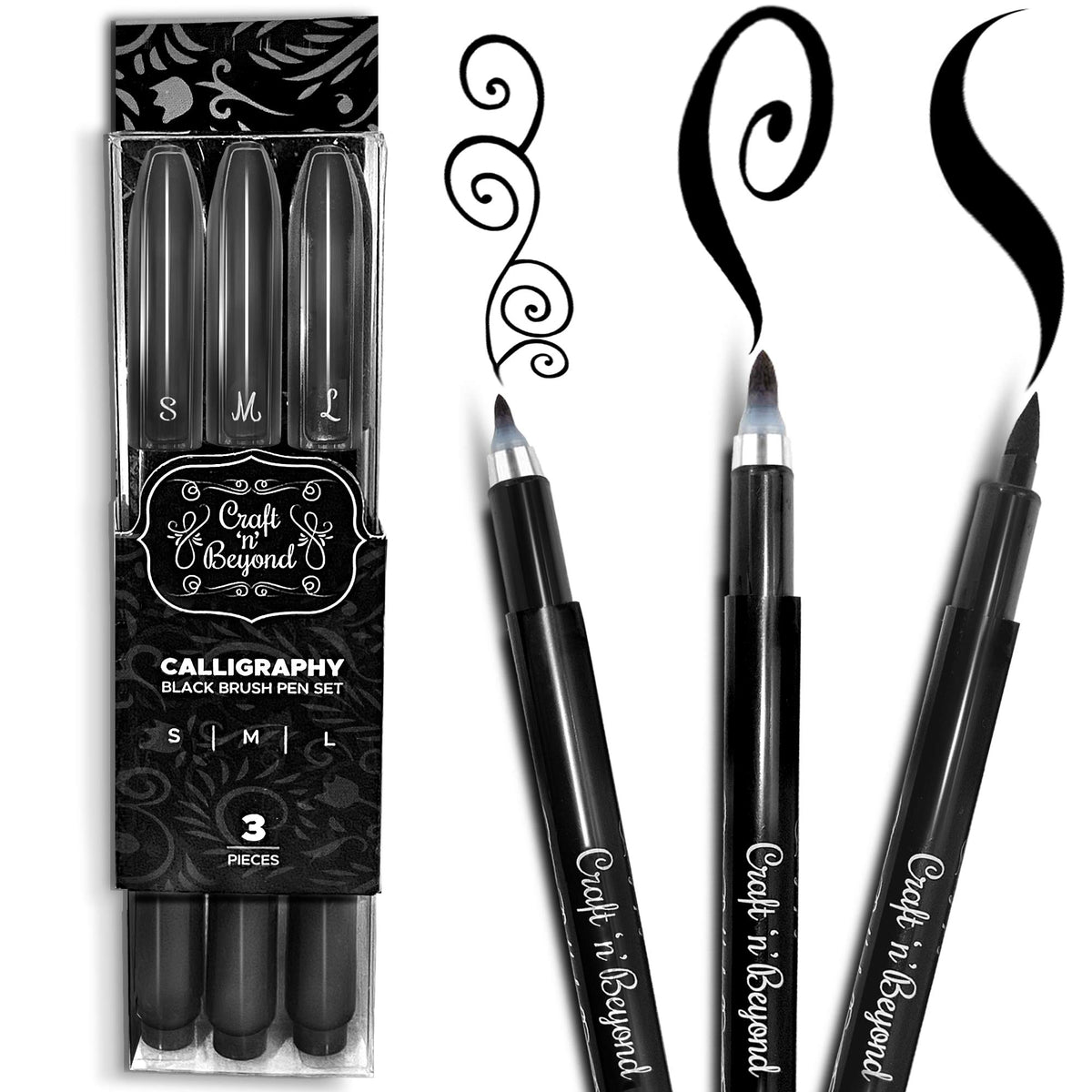 Craft 'n' Beyond Calligraphy Brush Pens Pack of 3 Small, Medium and Large Markers for Hand Lettering, Art Drawing, Sketching, Scrapbooking, Writing, Journaling - Beginner Kit with Fadeproof Black Ink