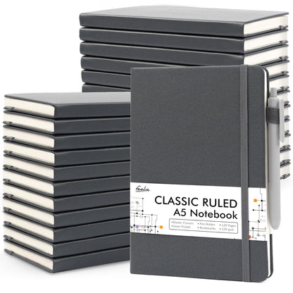 feela 24 Pack Journal Notebook for Work, Business Notebook Bulk Hardcover Lined Writing Journal with Pen Holder for Men Women Note Taking, with 24 Black Pens, 120 GSM, 5.1”x8.3”, A5, Gray