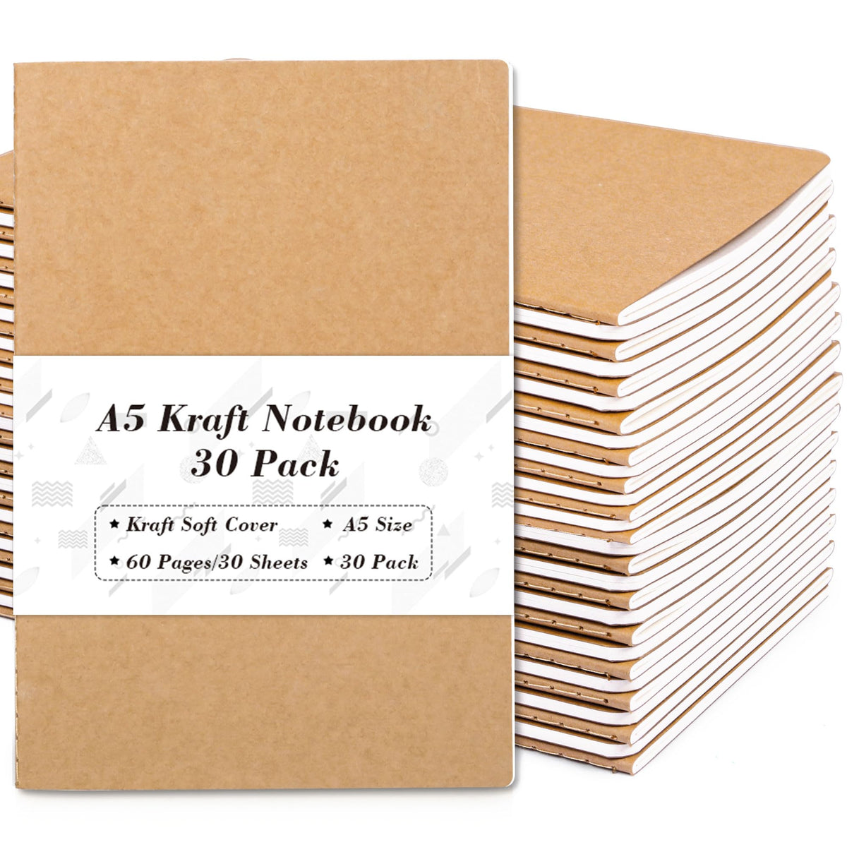 feela 60 Pack Kraft Notebooks Bulk, Lined Travel Journals Note Pad Notebooks for Men Women Girls Students, Making Plans Writing Memos Office School Supplies, A5, 60 Pages, 8.3” X 5.5”