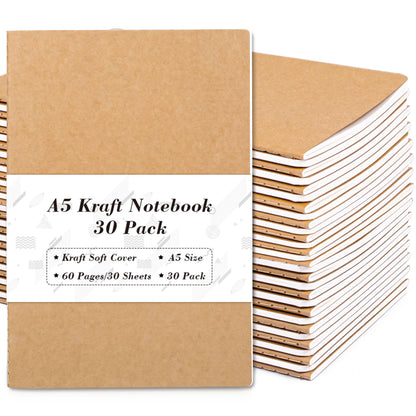 feela 60 Pack Kraft Notebooks Bulk, Lined Travel Journals Note Pad Notebooks for Men Women Girls Students, Making Plans Writing Memos Office School Supplies, A5, 60 Pages, 8.3” X 5.5”