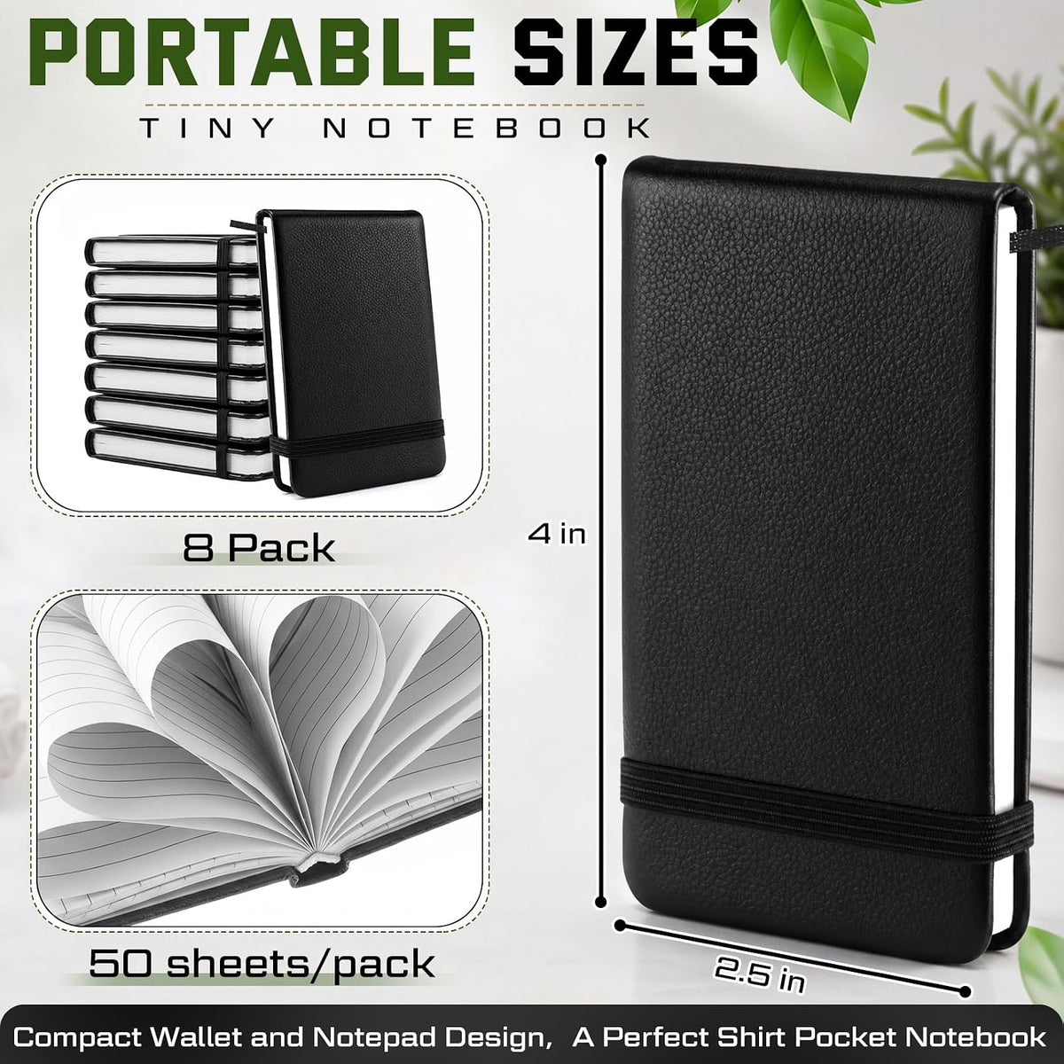8 Pcs 4" x 2.5" Pocket Notebook Bulk, Mini Leather Hardcover Tiny Notepad with Tear-off Pages & Elastic Band, 50 Lined Sheets, Small Notebook for Back to School Home Office Writing Supplies, Black