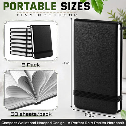 8 Pcs 4" x 2.5" Pocket Notebook Bulk, Mini Leather Hardcover Tiny Notepad with Tear-off Pages & Elastic Band, 50 Lined Sheets, Small Notebook for Back to School Home Office Writing Supplies, Black