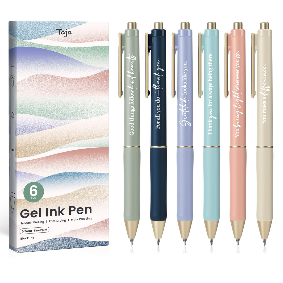 Taja Gel Pens, 6 Pcs Quick Dry Black Ink Pens, 0.5mm Fine Point, Pastel