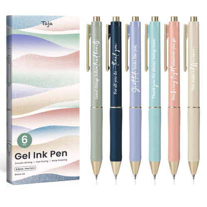 Taja Gel Pens, 6 Pcs Quick Dry Black Ink Pens, 0.5mm Fine Point, Pastel