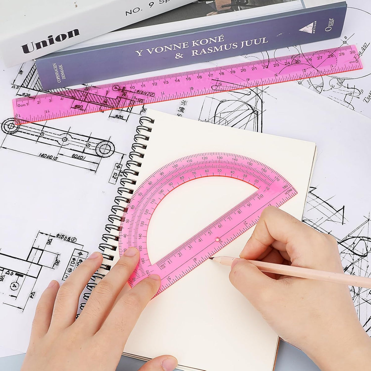 2 Pack Protractor and Ruler Set, Plastic 12 Inch Ruler and 6 Inch Protractor, Pink Clear Math Geometry Supplies for School Classroom Home Office Drawing