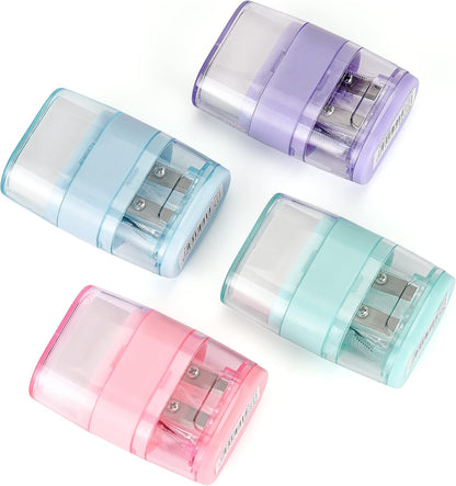 4 PCS Manual Pencil Sharpener with Eraser, Double Hole Multicolored Sharpener with Eraser Fun Stationery Back to School Supplies, Classroom Rewards, and Birthday Party Favors