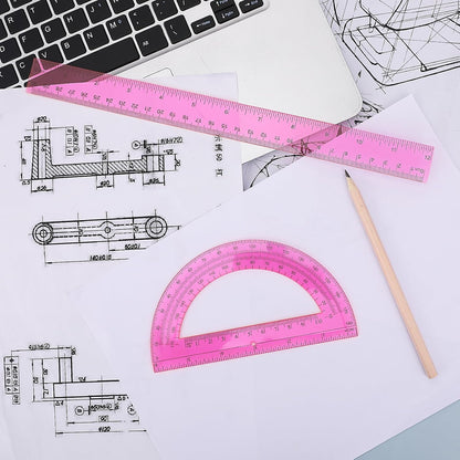 2 Pack Protractor and Ruler Set, Plastic 12 Inch Ruler and 6 Inch Protractor, Pink Clear Math Geometry Supplies for School Classroom Home Office Drawing