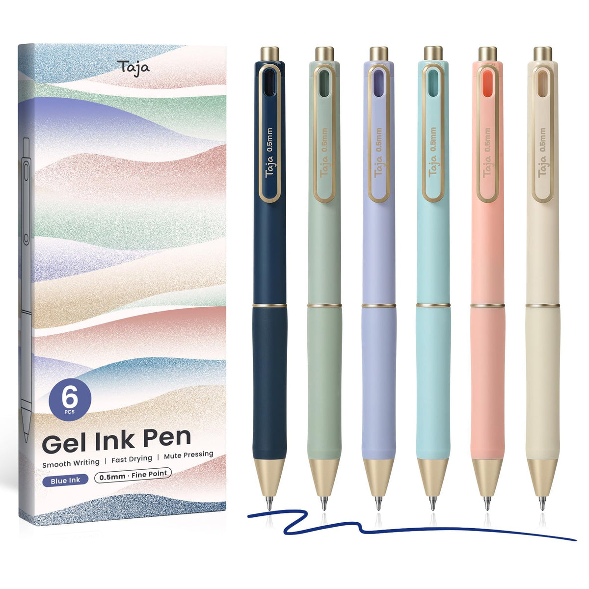 Taja Gel Pens, 6 Pcs Quick Dry Black Ink Pens, 0.5mm Fine Point, Pastel