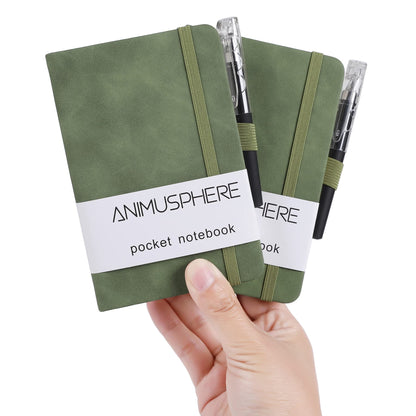 2Pack Pocket Notebook Small Notebook Journal Notebook 4 inches x 5.7 inches 200 Pages Leather Cover With Pen Holder Page Marker Ribbons(Black)