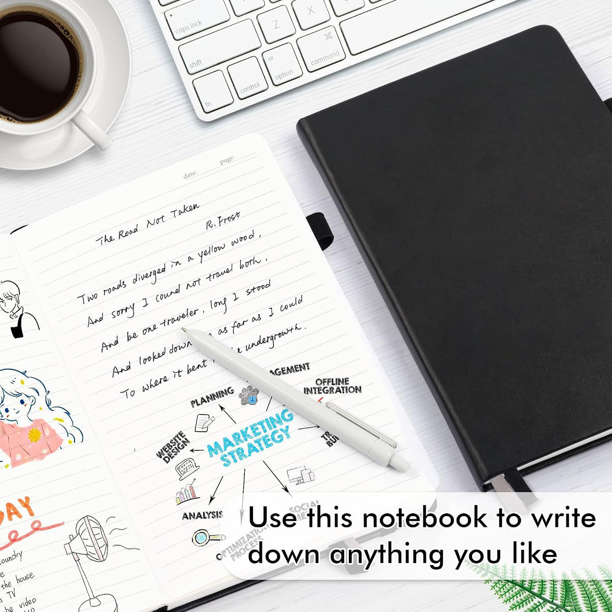 feela 8 Pack Journal Notebook Bulk for School, Hardcover Business Notebooks Classic Ruled Lined Journals with Pen Holder for Work Note Taking, with 8 Black Pens, 120 GSM, 5.1”x8.3”, A5, Black