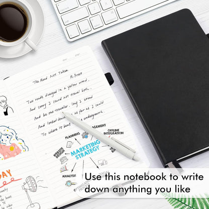 feela 8 Pack Journal Notebook Bulk for School, Hardcover Business Notebooks Classic Ruled Lined Journals with Pen Holder for Work Note Taking, with 8 Black Pens, 120 GSM, 5.1”x8.3”, A5, Black