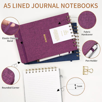 TSFPapier A5 Top Spiral Notebook, Fabric Hardcover College Ruled Journal