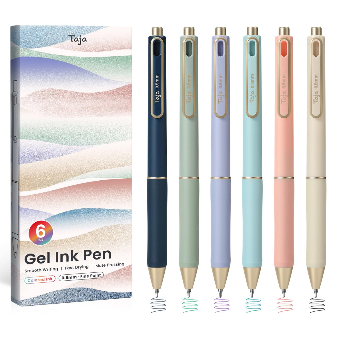 Taja Gel Pens, 6 Pcs Quick Dry Black Ink Pens, 0.5mm Fine Point, Pastel