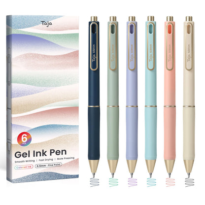 Taja Gel Pens, 6 Pcs Quick Dry Black Ink Pens, 0.5mm Fine Point, Pastel