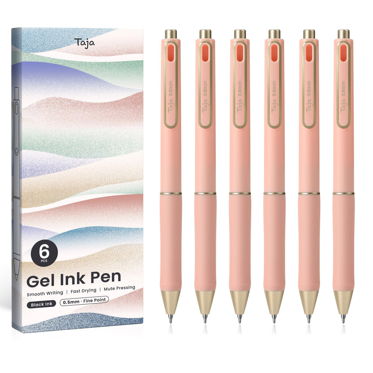 Taja Gel Pens, 6 Pcs Quick Dry Black Ink Pens, 0.5mm Fine Point, Pastel