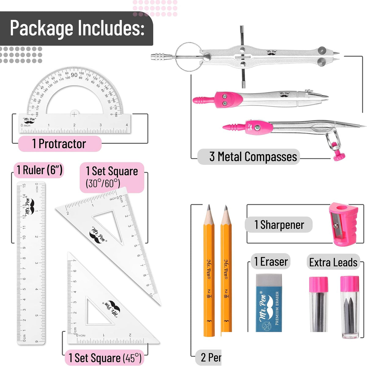 Mr. Pen- Geometry Set, 13 pcs, 3 Metal Compasses, Protractor, 6" Ruler