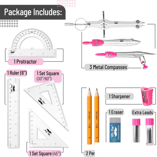 Mr. Pen- Geometry Set, 13 pcs, 3 Metal Compasses, Protractor, 6" Ruler