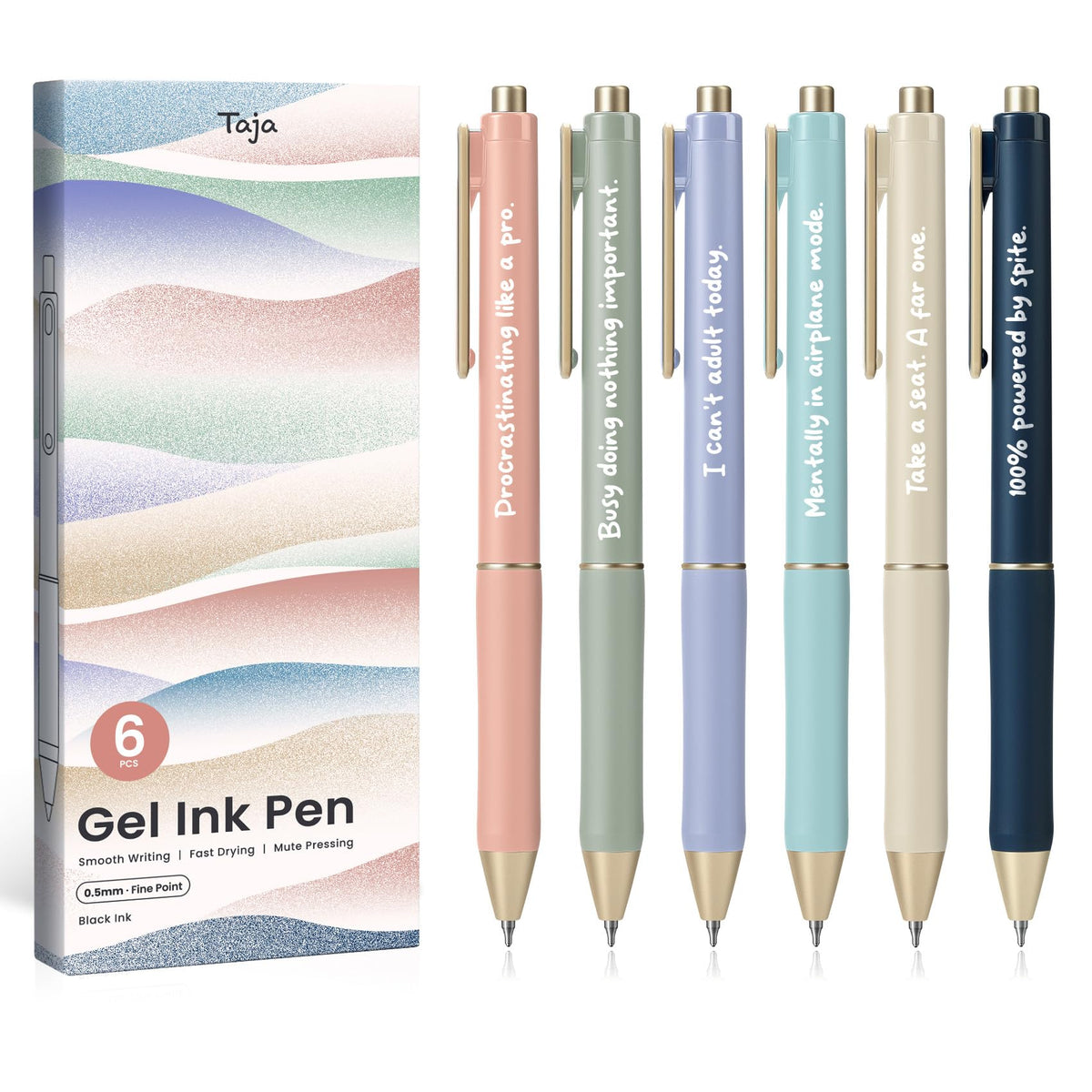 Taja Gel Pens, 6 Pcs Quick Dry Black Ink Pens, 0.5mm Fine Point, Pastel