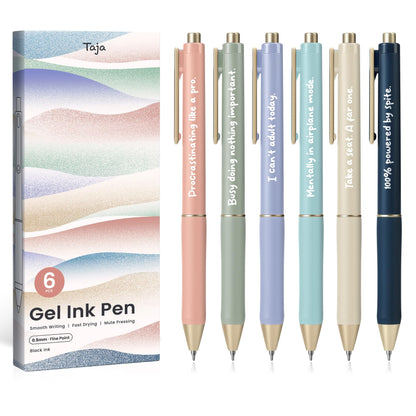 Taja Gel Pens, 6 Pcs Quick Dry Black Ink Pens, 0.5mm Fine Point, Pastel