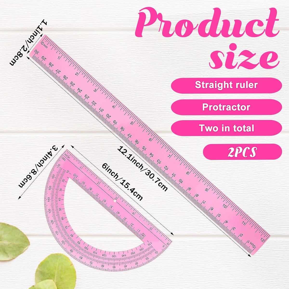 2 Pack Protractor and Ruler Set, Plastic 12 Inch Ruler and 6 Inch Protractor, Pink Clear Math Geometry Supplies for School Classroom Home Office Drawing