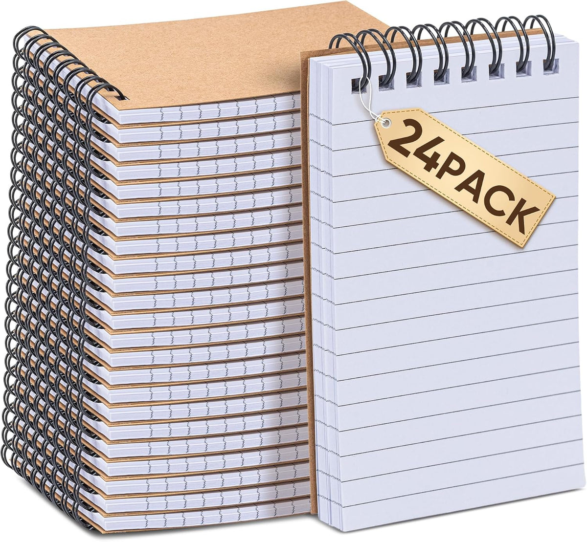 deli Kraft Pocket Notebooks Set of 24, 3x5 Small Spiral Notebooks 80gsm Thick Paper No Bleed, 360° Lies Flat Mini Notepads, 100 Pages Lined Journal for Work School Home Office - Vintage Brown