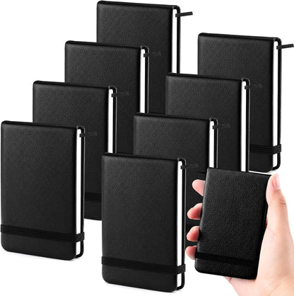 8 Pcs 4" x 2.5" Pocket Notebook Bulk, Mini Leather Hardcover Tiny Notepad with Tear-off Pages & Elastic Band, 50 Lined Sheets, Small Notebook for Back to School Home Office Writing Supplies, Black